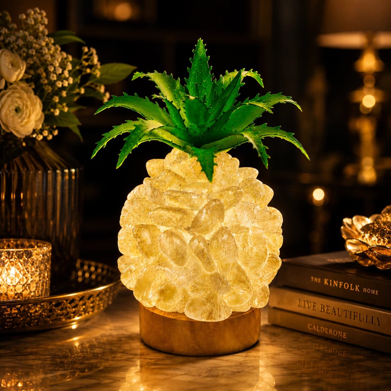 Electric Glowing Crystal Pineapple Decor Lamp – Natural Semi-Precious Stone Chips with Wooden Base