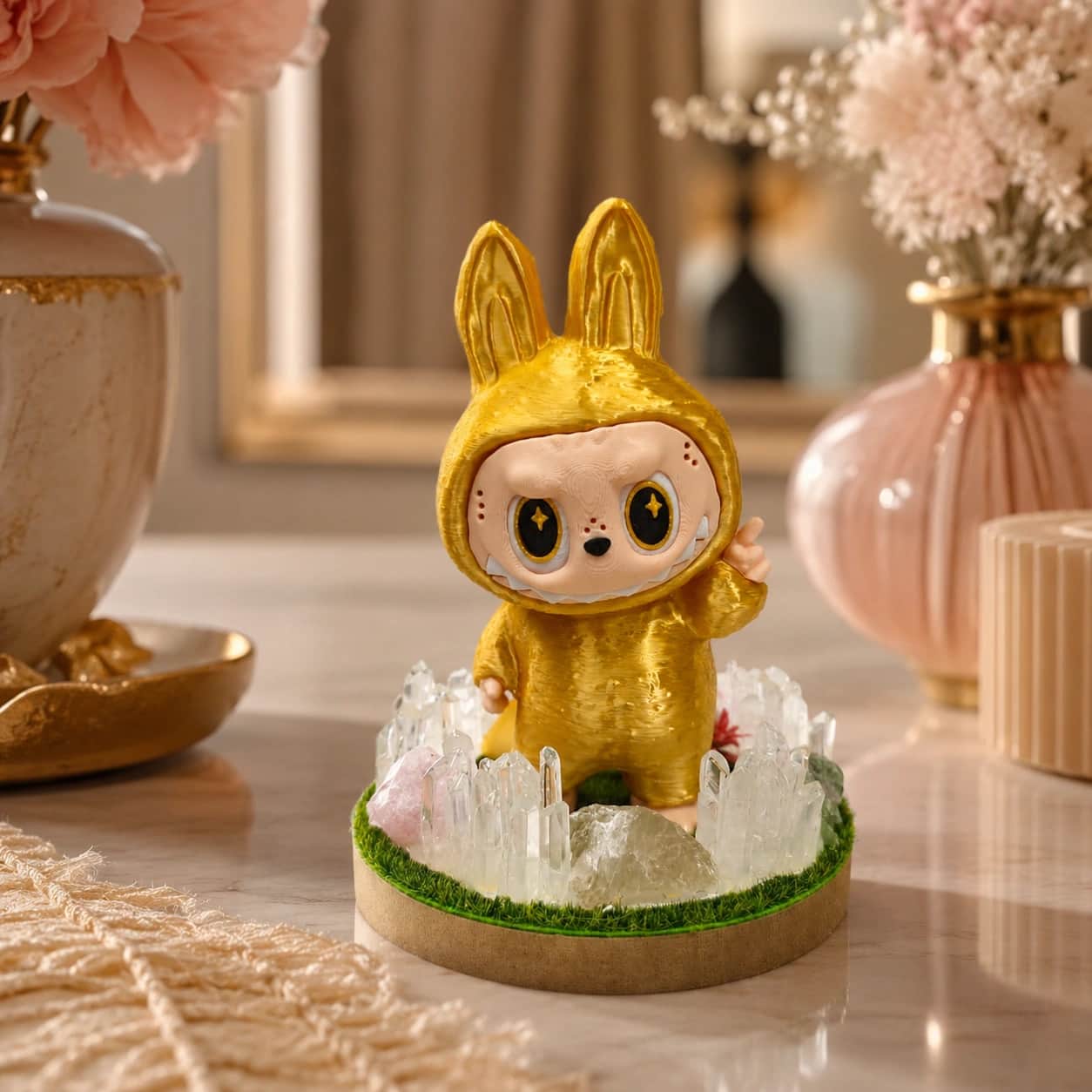 Gold Bunny Figurine LED Crystal Decorative Lamp with Clear Quartz and Rose Quartz 1