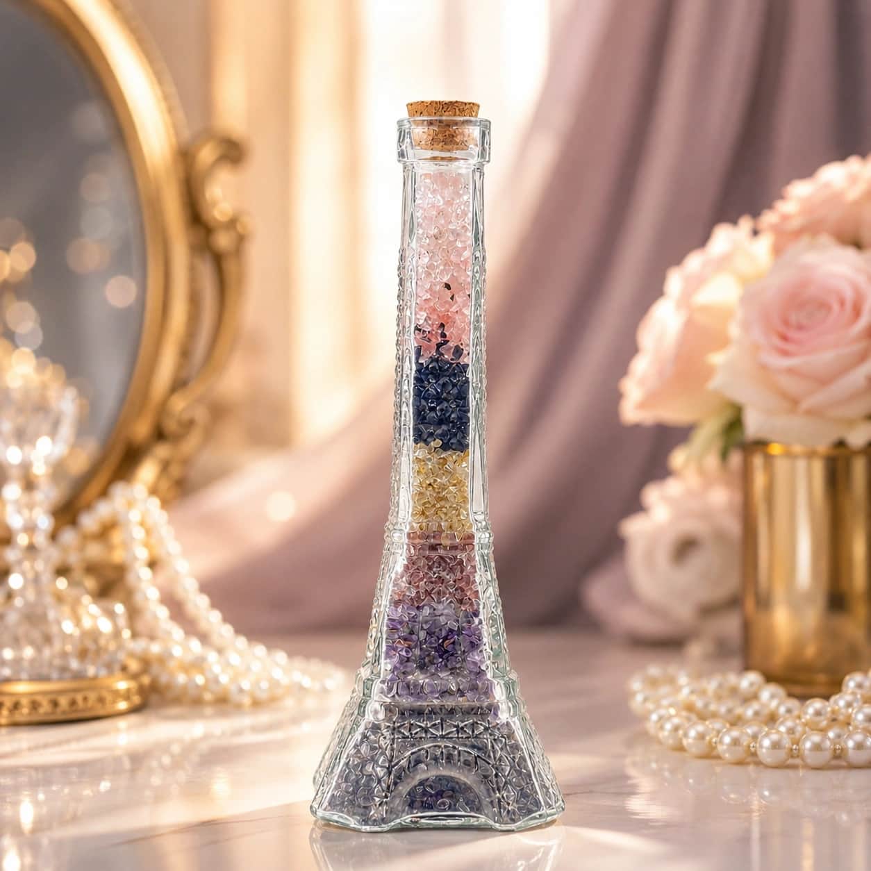 7 Chakra Crystal Eiffel Tower Bottle | Layered Natural Crystal Chips | Glass Decor Bottle with Cork 1