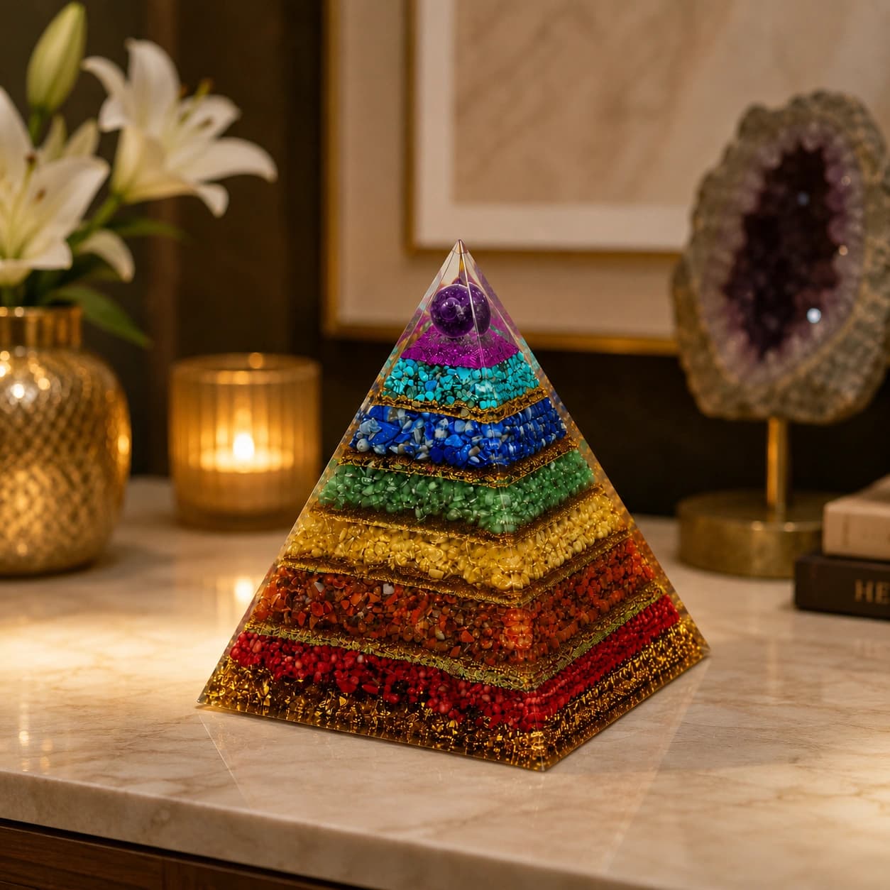 7 Chakra Crystal Pyramid | Orgonite Energy Amplifier | 7 Natural Gemstone Layers | Amethyst, Lapis Lazuli, Turquoise, Green Aventurine, Citrine, Carnelian & Red Jasper | Meditation, Healing & Home Décor