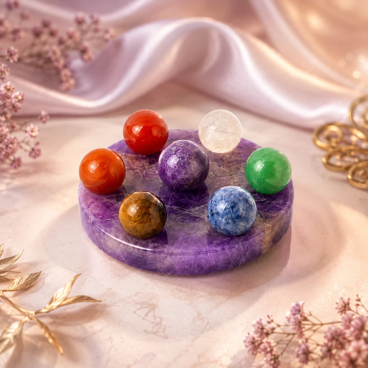 7 Chakra Crystal Stone Set with Natural Amethyst Base