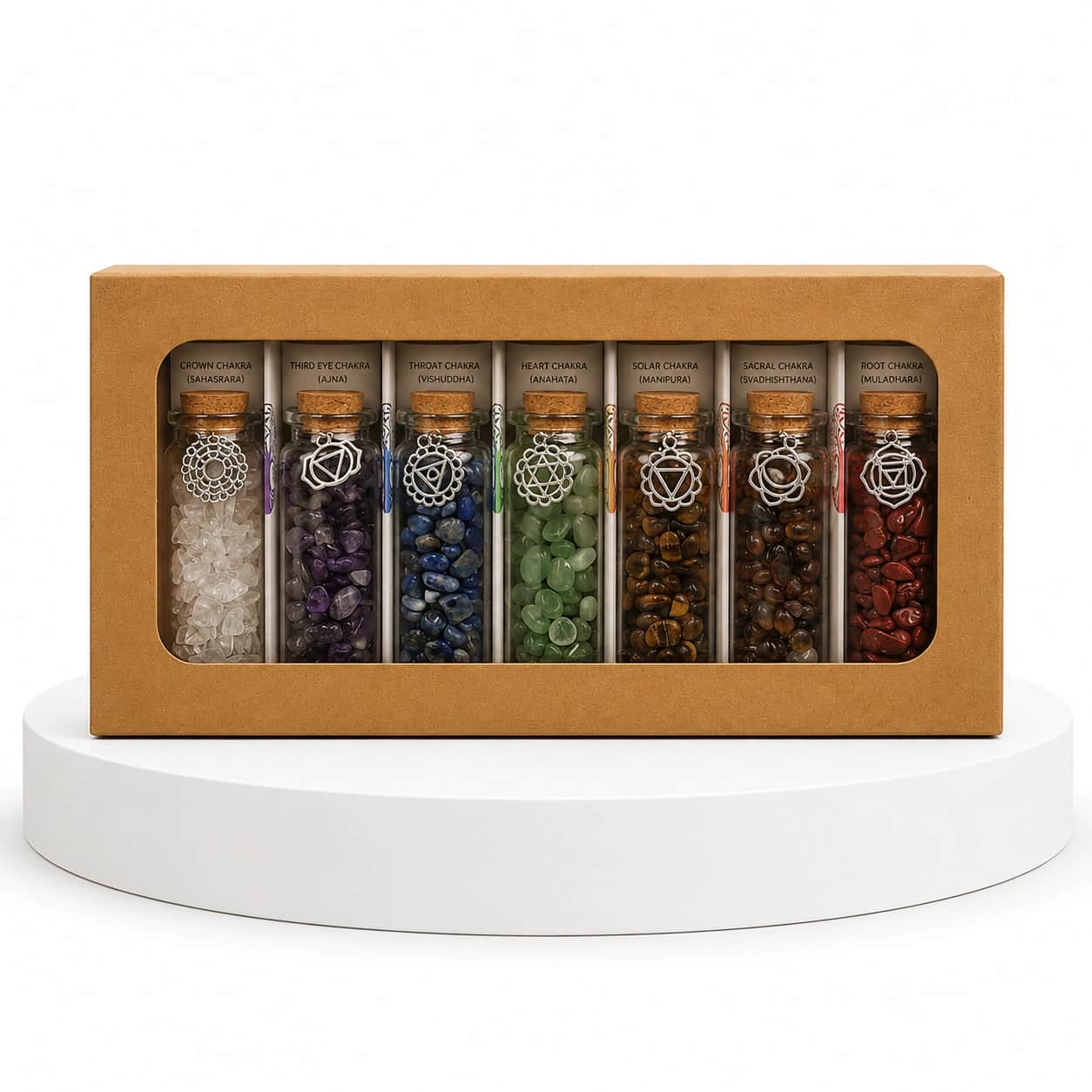 7 Chakra Healing Crystal Bottle Set – Natural Stone Chip Bottles with Chakra Charms & Cork Stoppers 2