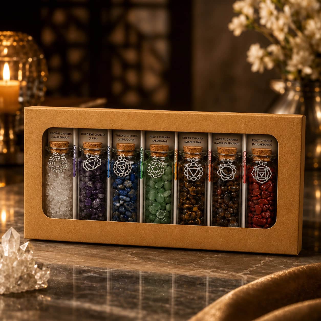 7 Chakra Healing Crystal Bottle Set – Natural Stone Chip Bottles with Chakra Charms & Cork Stoppers 1