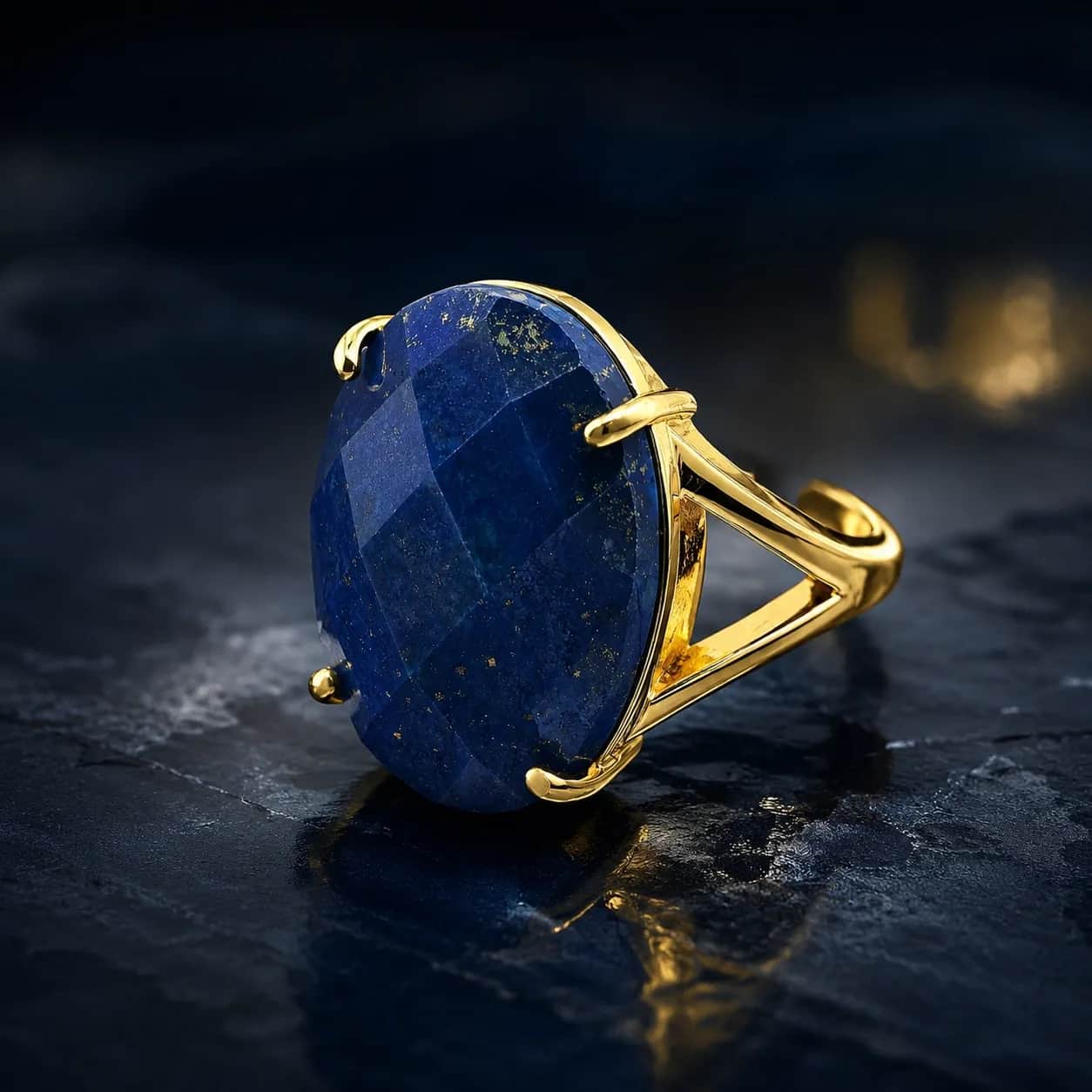Adjustable Lapis Lazuli Statement Ring - Gold-Tone Faceted Oval Natural Stone Ring 1