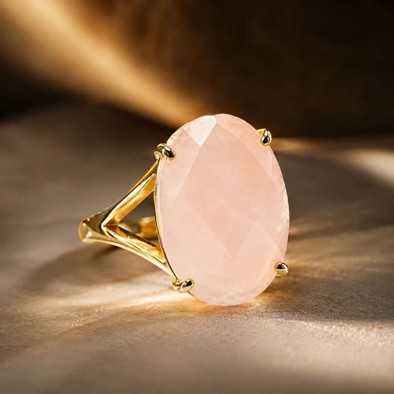 Adjustable Rose Quartz Gold-Tone Statement Ring 1