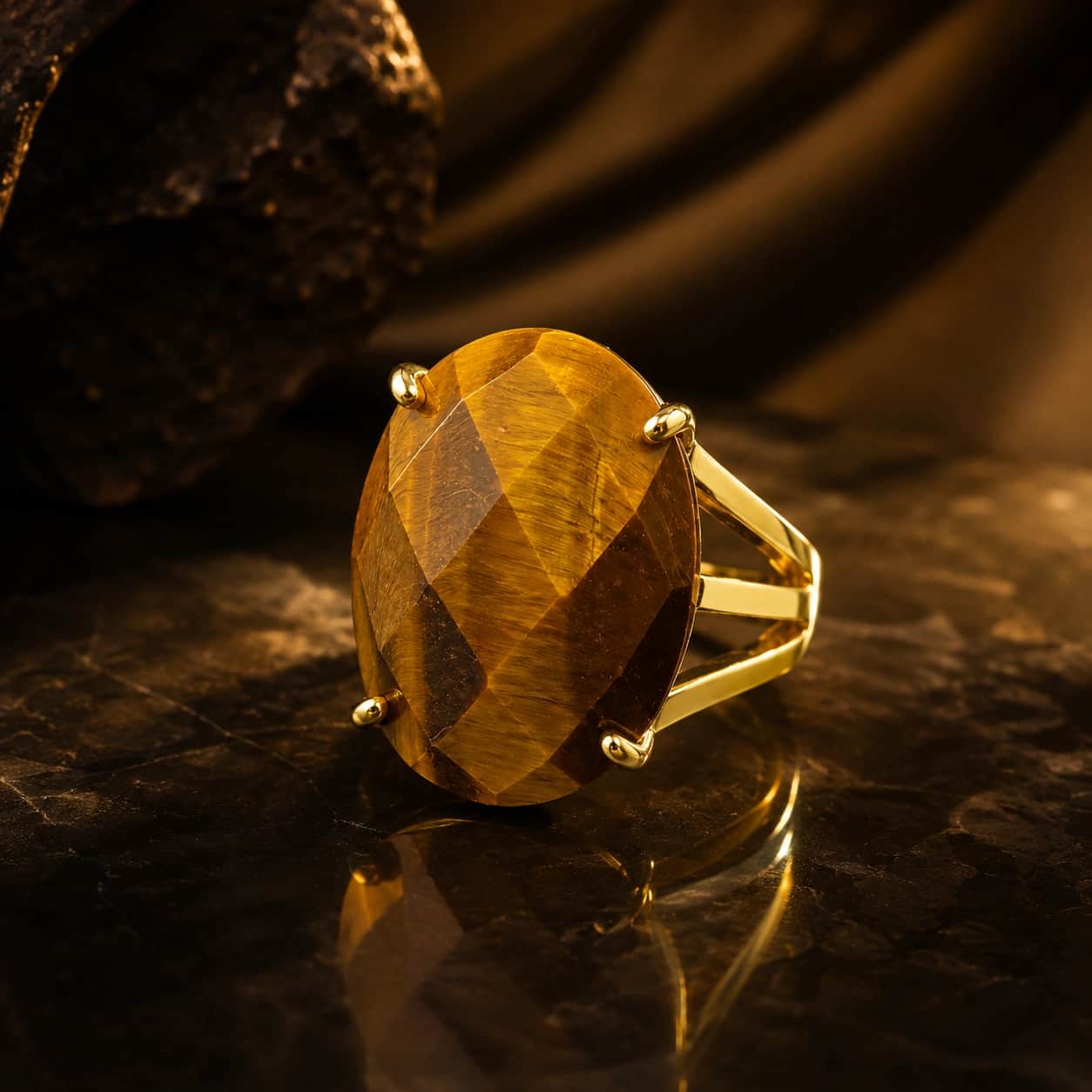 Adjustable Tiger Eye Statement Ring with Large Faceted Oval Stone | Gold-Tone Luxury Fashion Ring 1