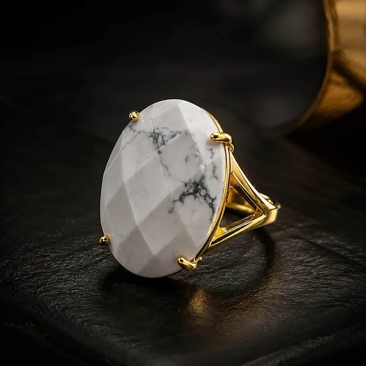 Adjustable White Howlite Gold-Tone Statement Ring | ( Copper Band ) 1