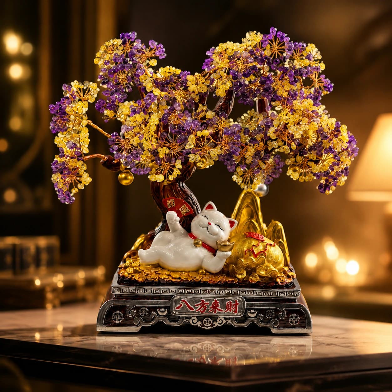 Amethyst & Citrine Prosperity Tree with Lucky Cat - 32 cm Luxury Home Decor Gift