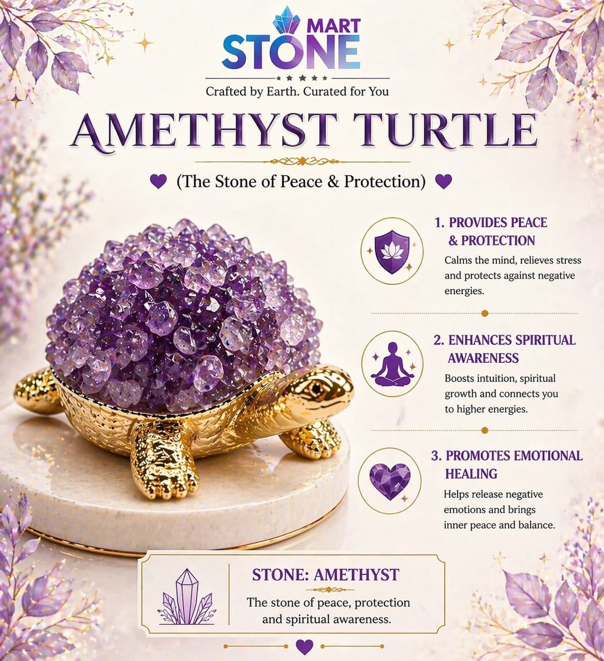 Amethyst Crystal LED Turtle Showpiece – Stone of Peace & Protection | Handcrafted Golden Feng Shui Tortoise Night Lamp for Spiritual Growth & Calm