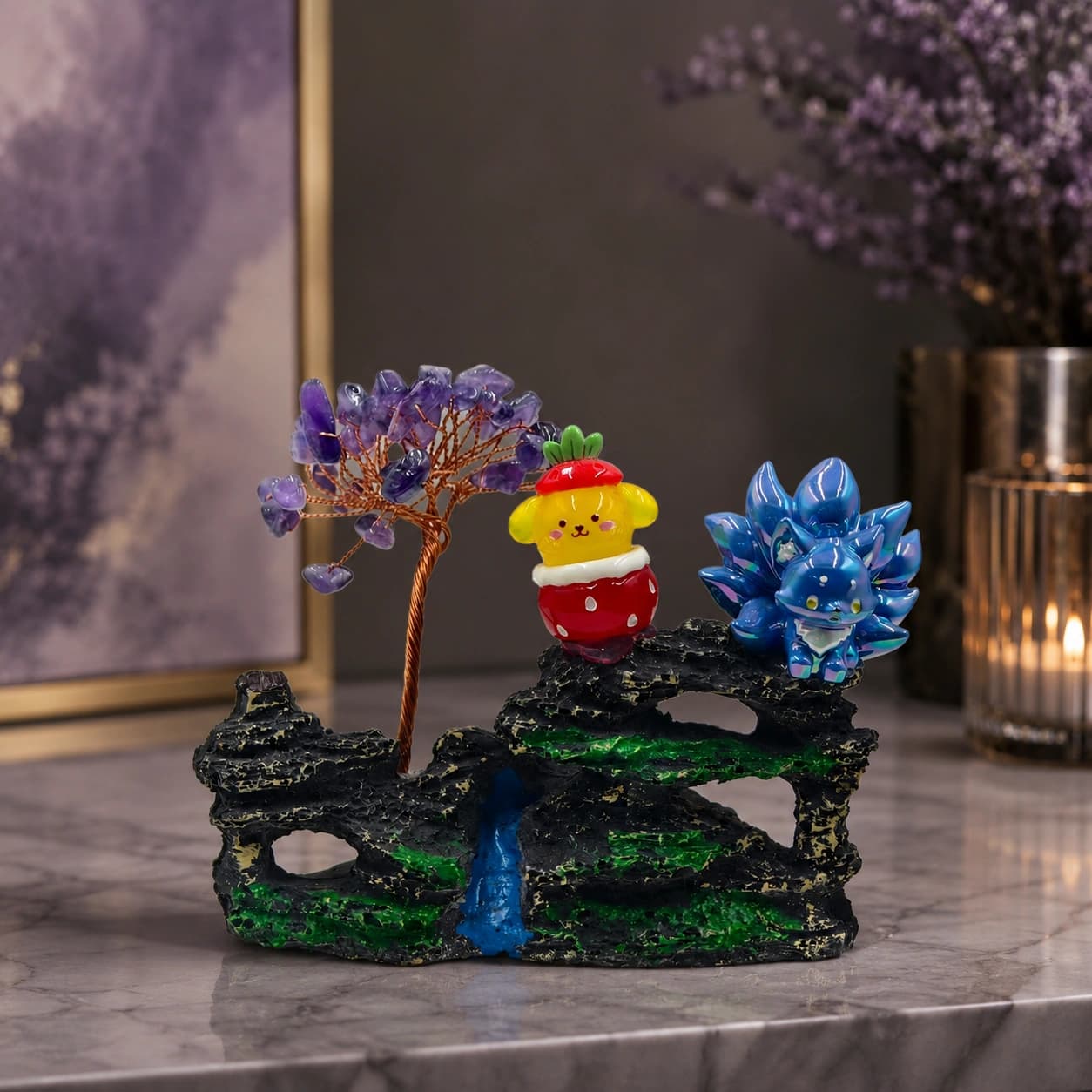 Amethyst Crystal Tree Landscape Decorative Showpiece with Artistic Rock Garden Base
