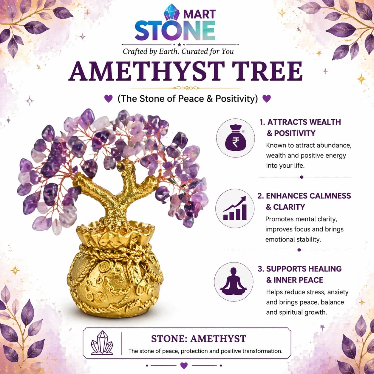Amethyst Crystal Tree – Natural Amethyst Feng Shui Tree for Peace, Positivity & Spiritual Growth | Handcrafted Gemstone Bonsai