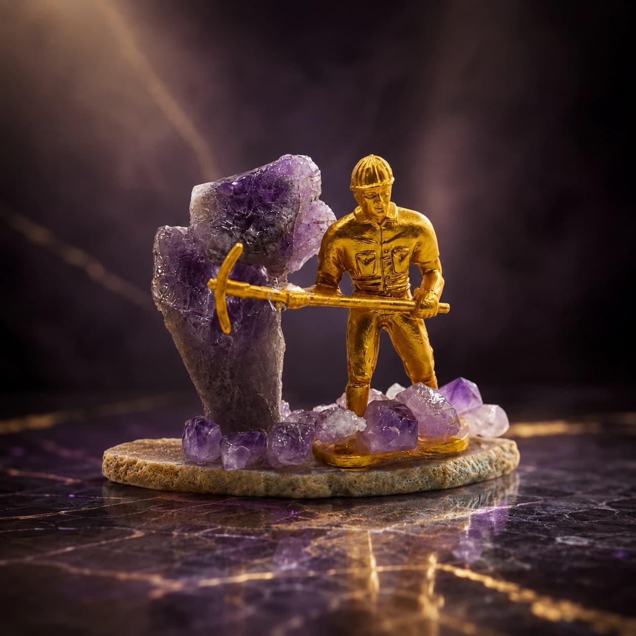 Amethyst Miner Crystal Figurine with Natural Amethyst Cluster & Gold-Tone Miner Statue for Luxury Home Decor