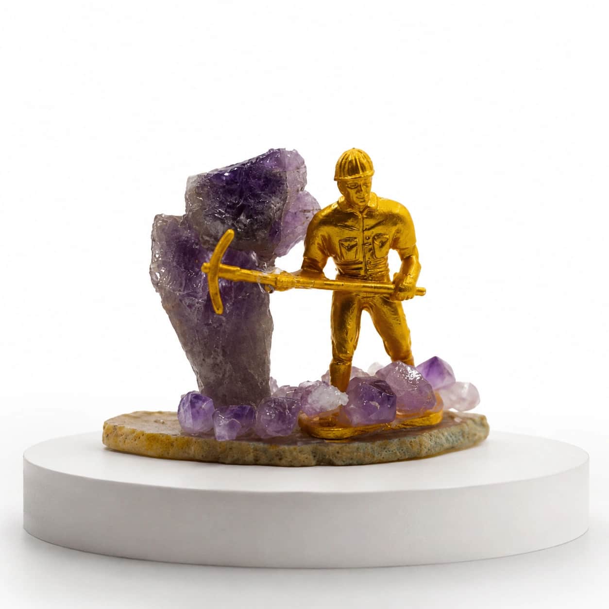 Amethyst Miner Crystal Figurine with Natural Amethyst Cluster & Gold-Tone Miner Statue for Luxury Home Decor 2