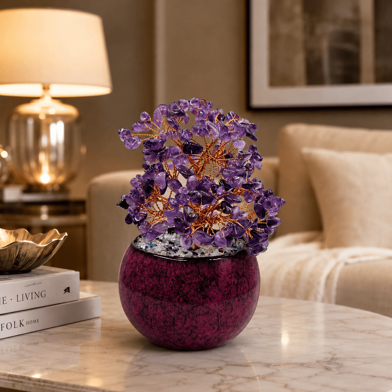 Amethyst Tree with Pink Ceramic Pot | Handcrafted Crystal Tree Decor with Natural Amethyst Chips & Copper Wire | 216 Beads | 13 cm 1