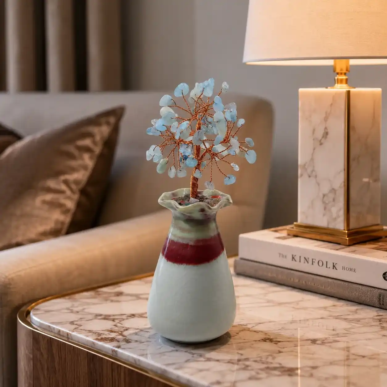 Aquamarine Tree with Decorative Ceramic Vase | 63 Beads | 15.5 cm | Handcrafted Crystal Tree Decor 1