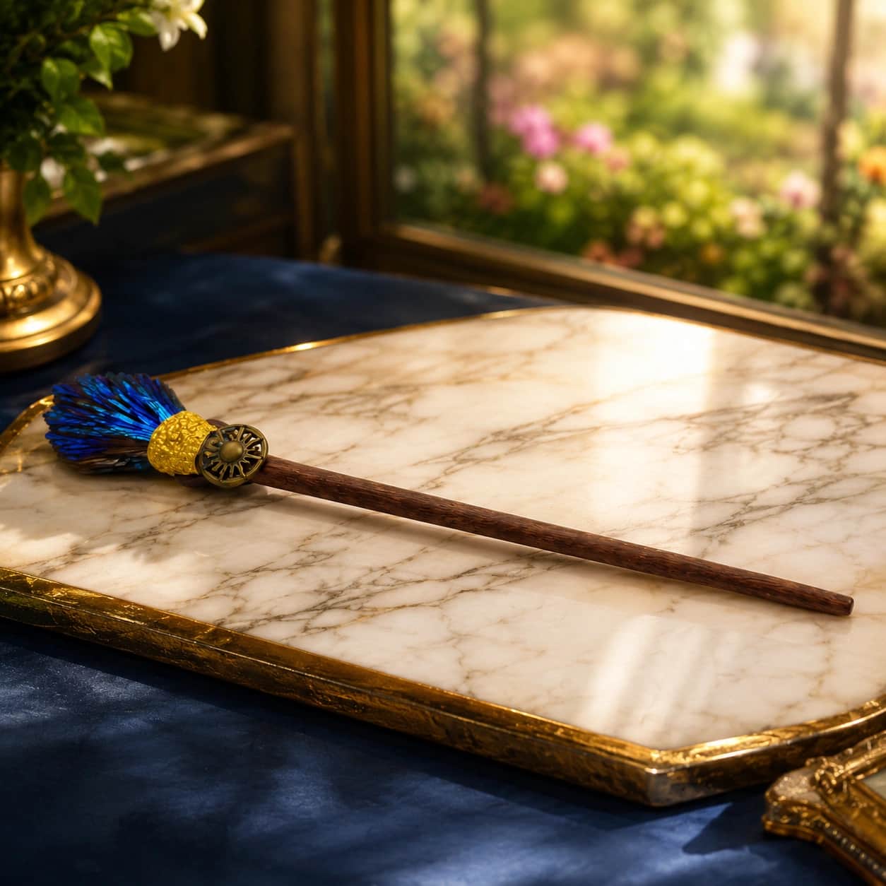 Artisan Decorative Wand with Natural Wood Handle & Blue Ornamental Top 1