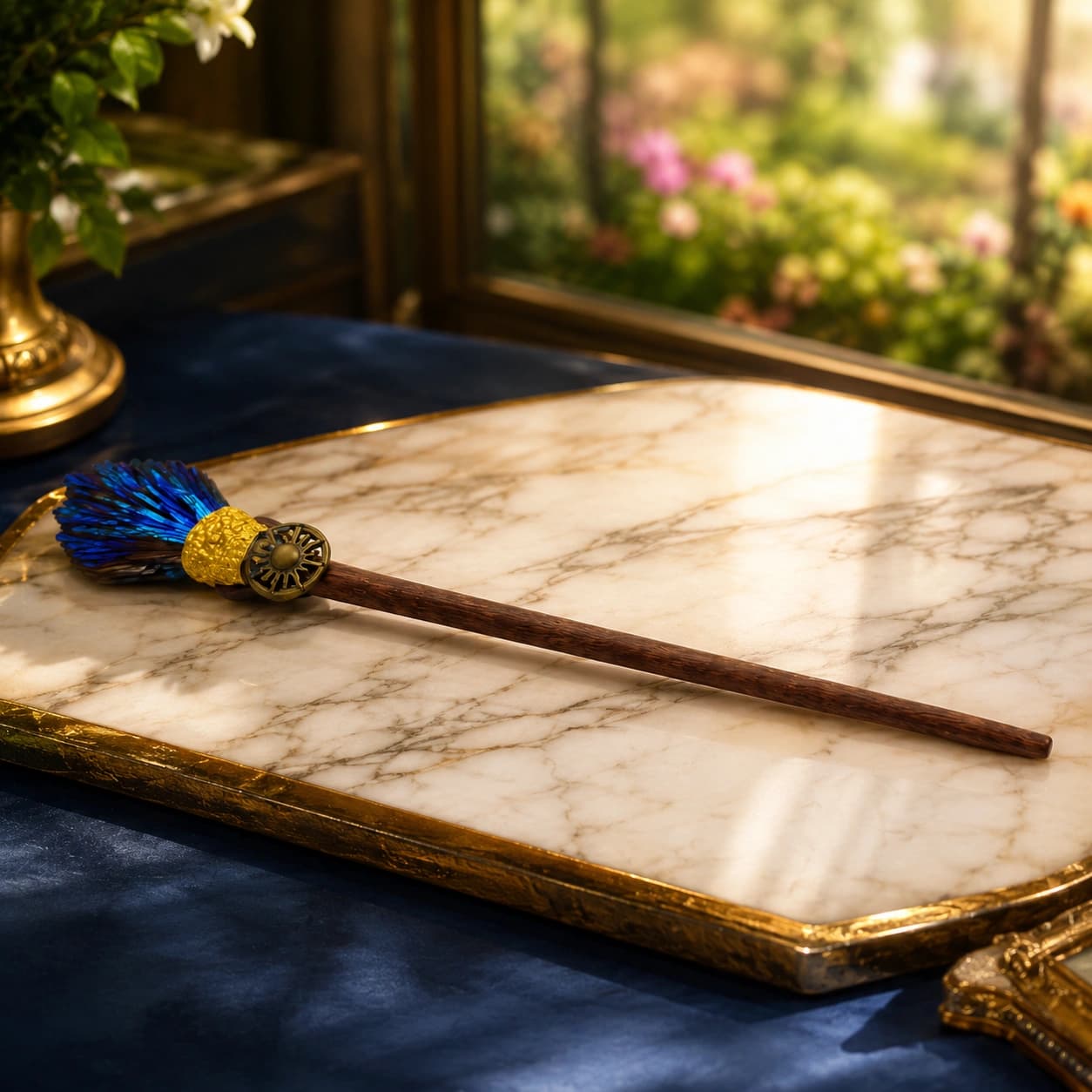 Artisan Decorative Wand with Natural Wood Handle & Blue Ornamental Top