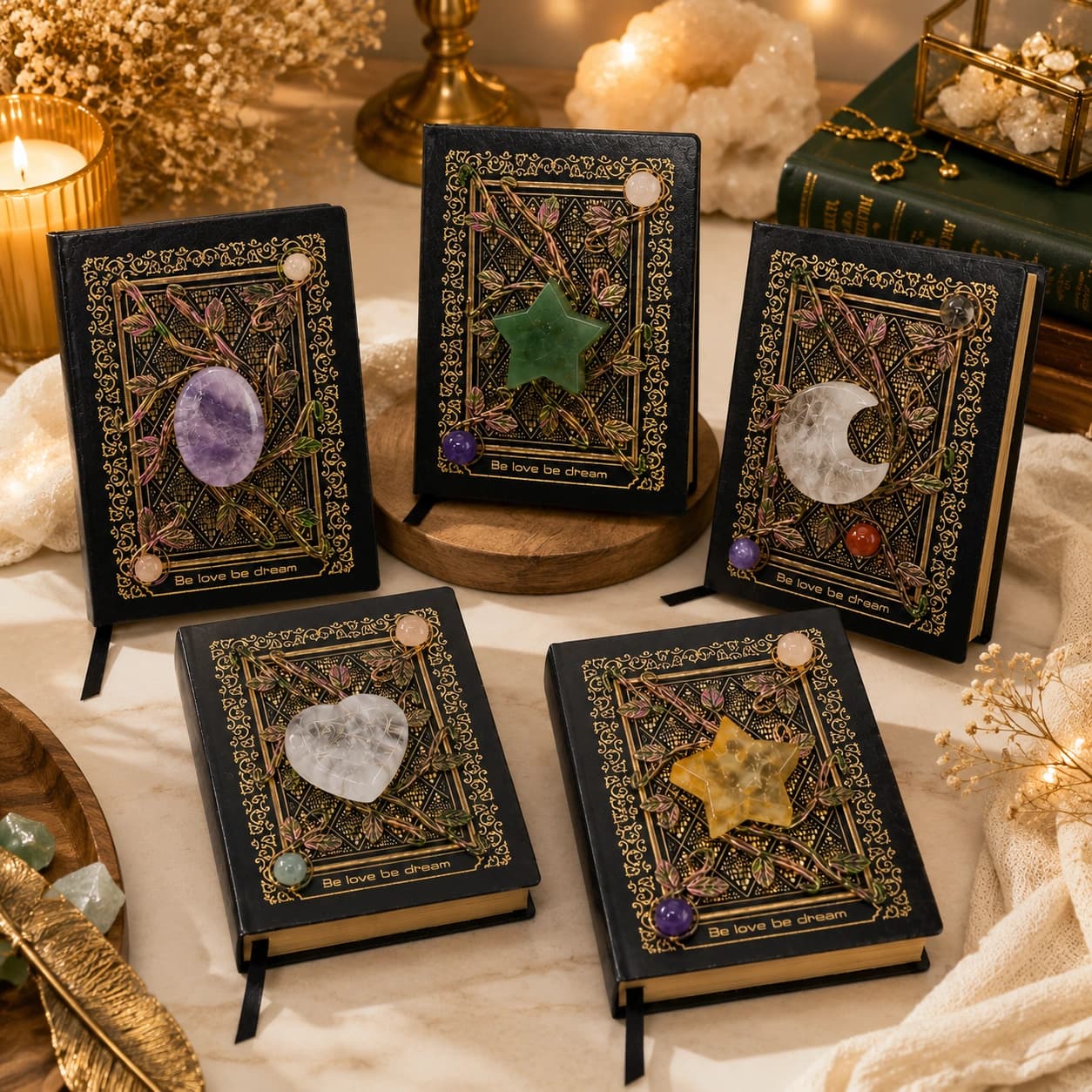 'Be Love Be Dream' Crystal Embellished Journal - Vintage Hardcover Notebook with Natural Gemstone & Hand-Painted Vine Cover | Diary, Grimoire, Manifestation Journal | Gift for Writers & Crystal Lovers | A5 Size