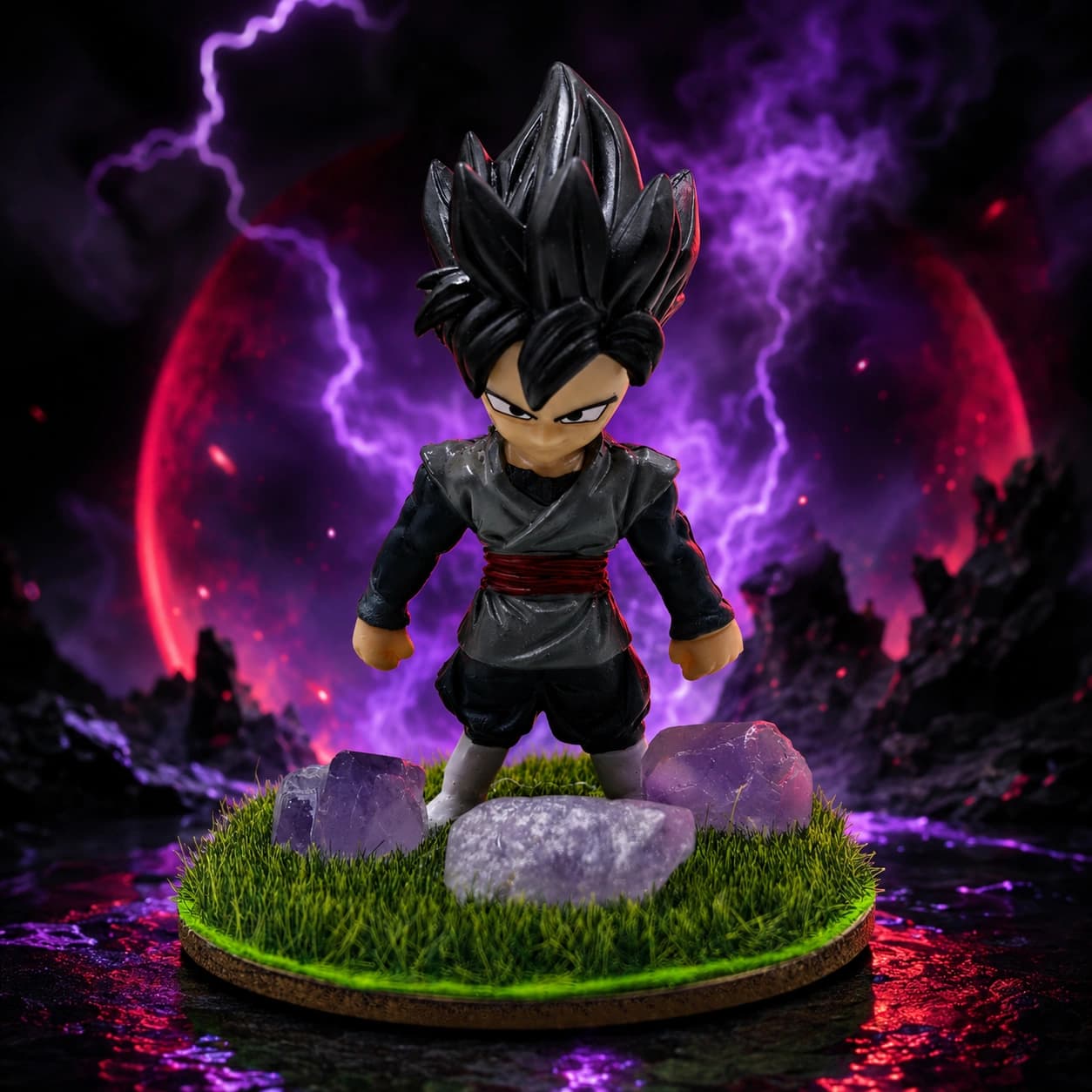 Black Goku Anime Warrior Figurine Decor | Premium Collectible Tabletop Accent with Grass Base & Amethyst-Style Crystal Stones | Luxury Home Decor Gift