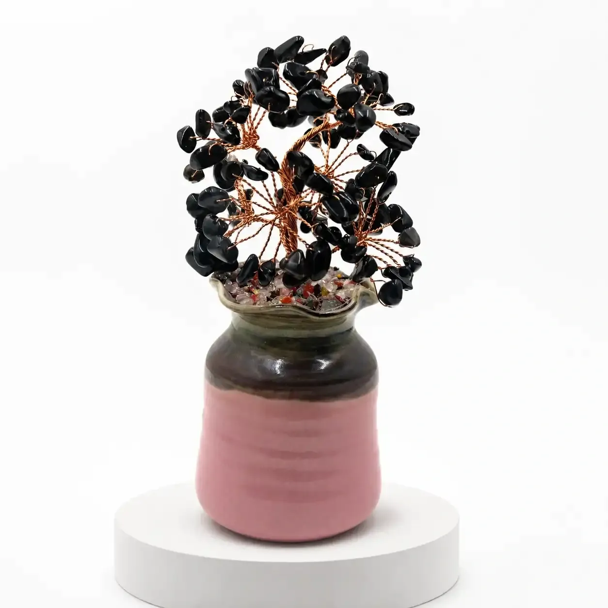 Black Obsidian Tree with Pink Ceramic Vase | Handcrafted Crystal Tree Decor | Natural Obsidian Chips Copper Wire Gemstone Tree for Home Office & Gift 2