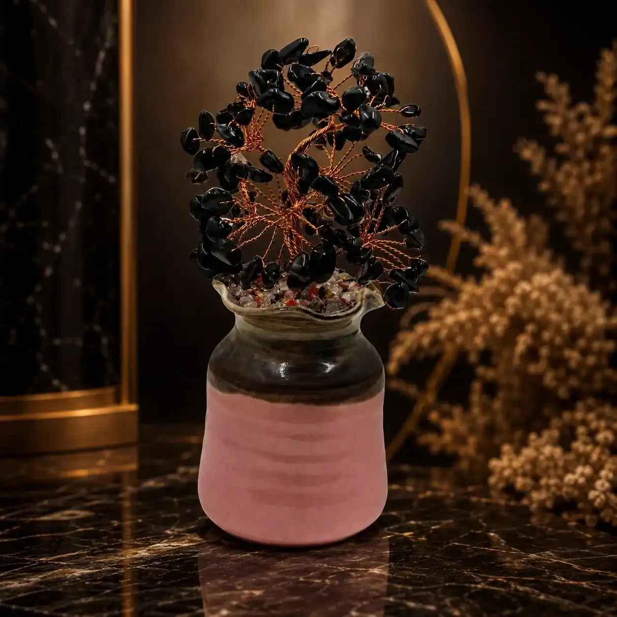Black Obsidian Tree with Pink Ceramic Vase | Handcrafted Crystal Tree Decor | Natural Obsidian Chips Copper Wire Gemstone Tree for Home Office & Gift 1