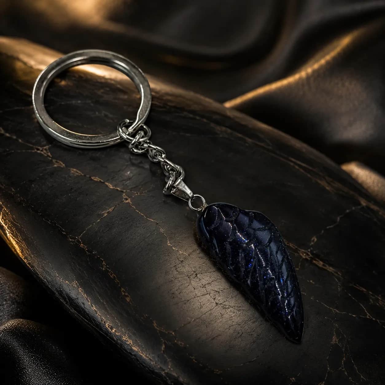 Black Sunstone Hand-Carved Leaf Keychain | Luxury Natural Stone Polished Accessory 1