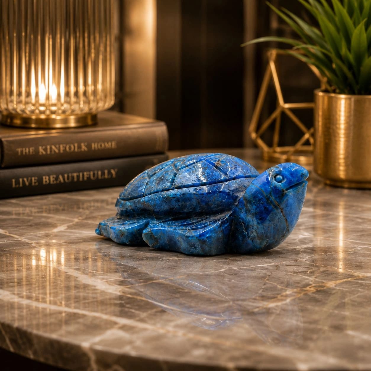 Blue Apatite Turtle Trinket Box - Hand-Carved Crystal Tortoise with Removable Shell Lid for Protection, Wisdom & Good Luck | Vastu & Feng Shui Home Decor