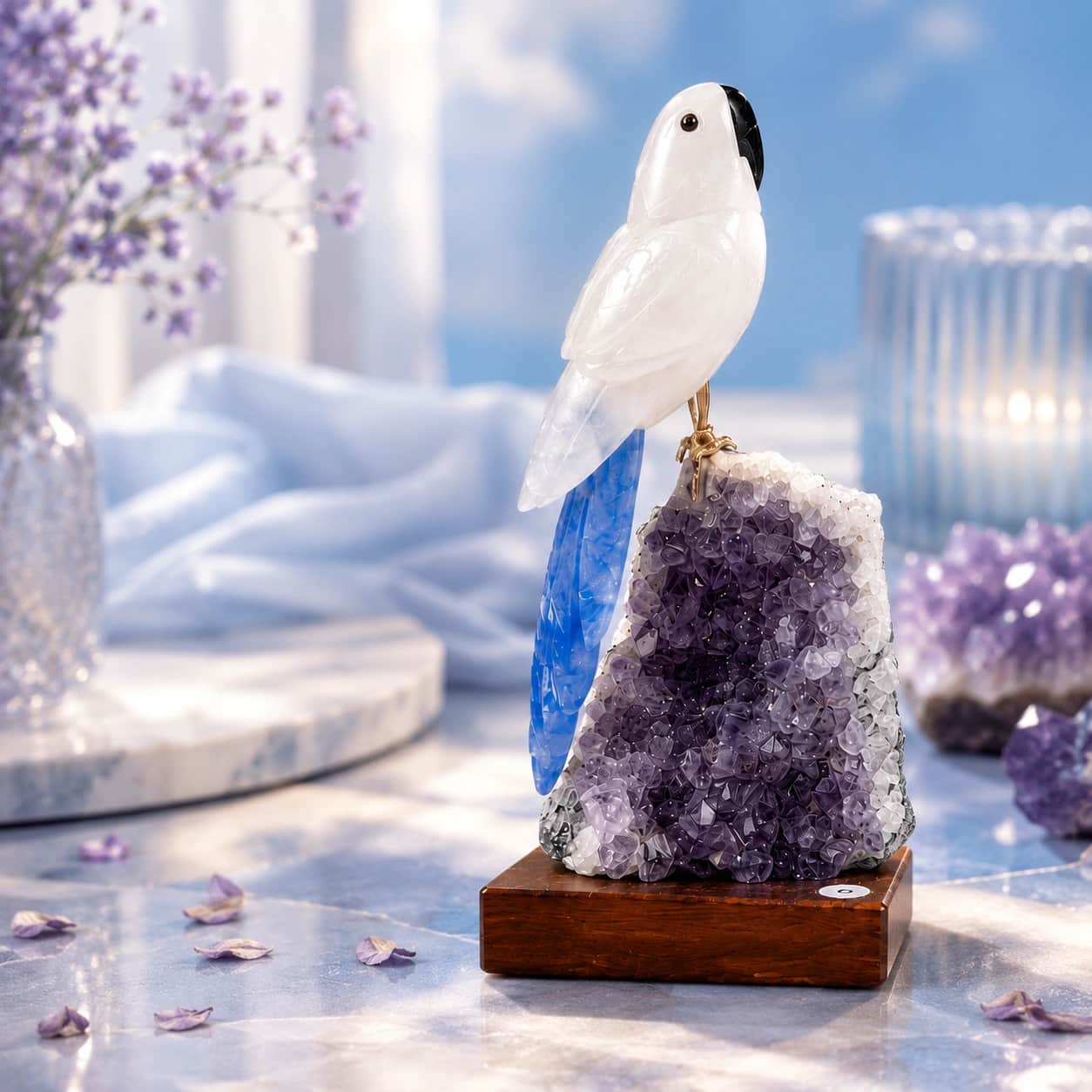 Blue Tail Bird on Amethyst – Natural Gemstone Bird Sculpture 1