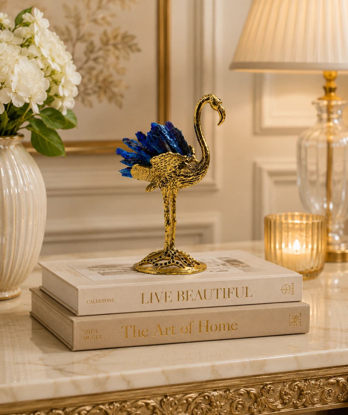 Blue Tourmaline Golden Swan Figurine | Electroplated Metal with Natural Blue Tourmaline Crystals | Luxury Home Décor & Gifting