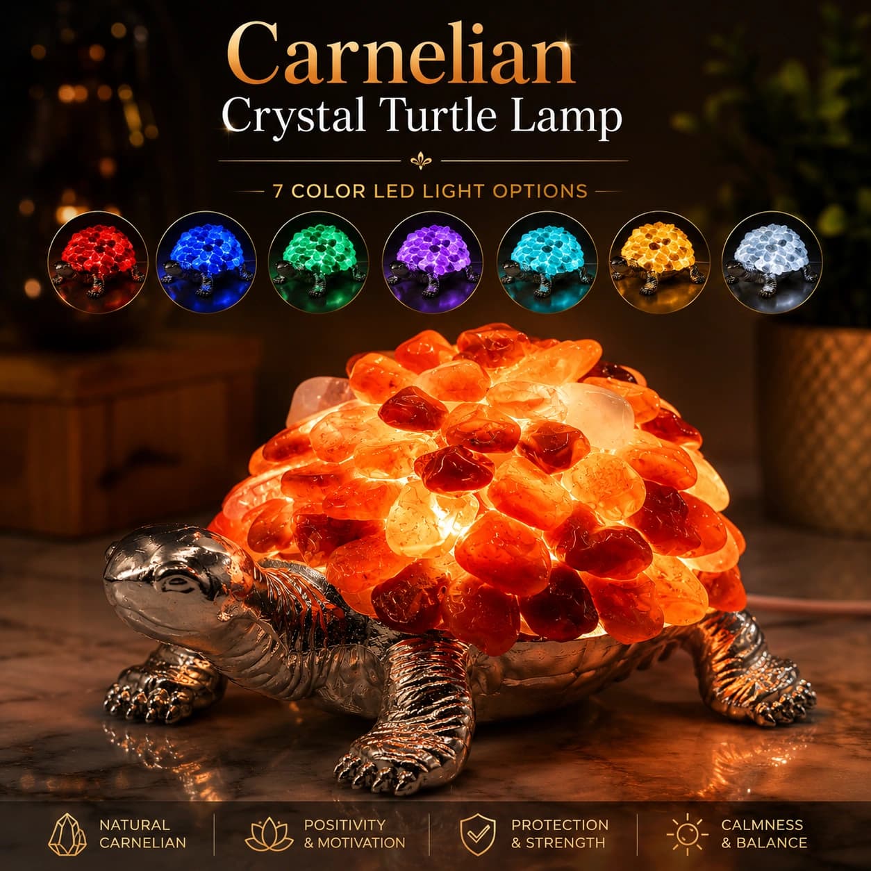 Carnelian Crystal Turtle Lamp — 7-Colour LED Decorative Crystal Tortoise | Feng Shui Good Fortune Décor