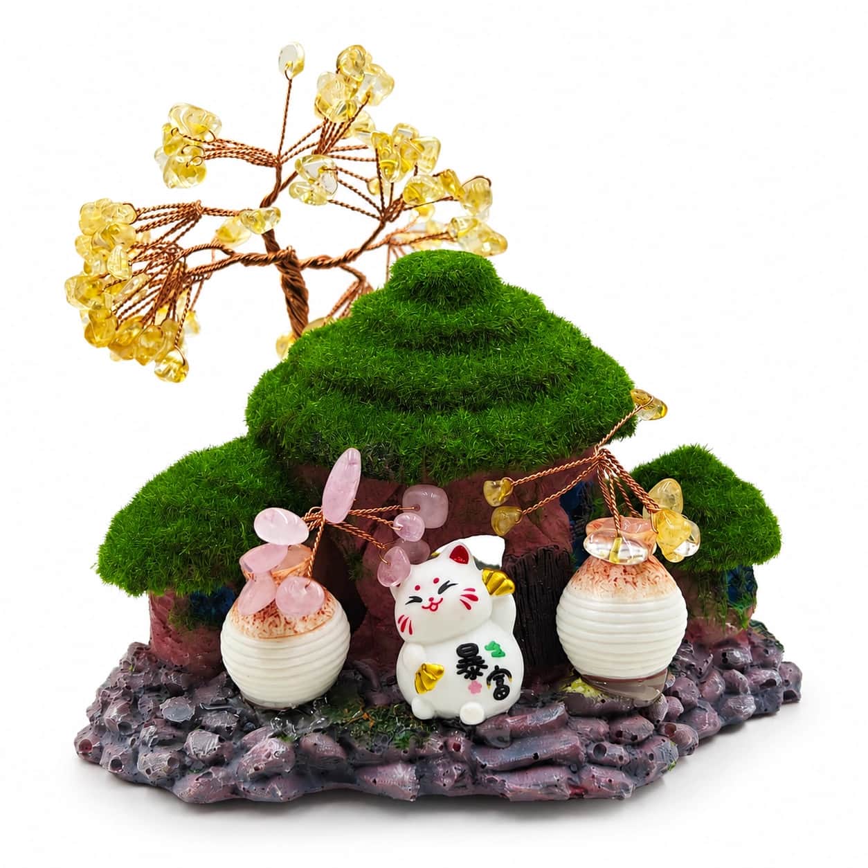 Citrine and Rose Quartz Crystal Bonsai House Decorative Showpiece with Lucky Cat 2
