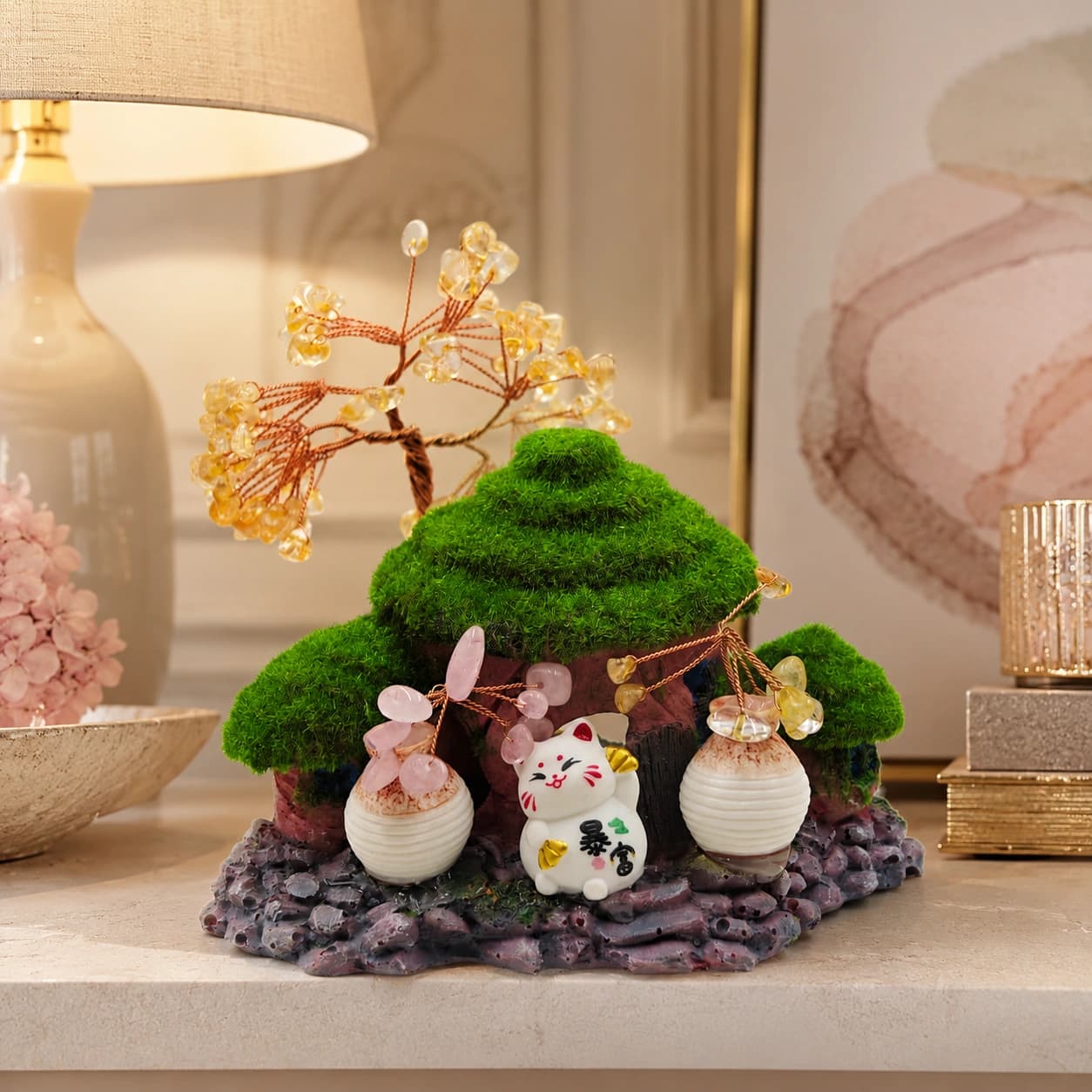 Citrine and Rose Quartz Crystal Bonsai House Decorative Showpiece with Lucky Cat