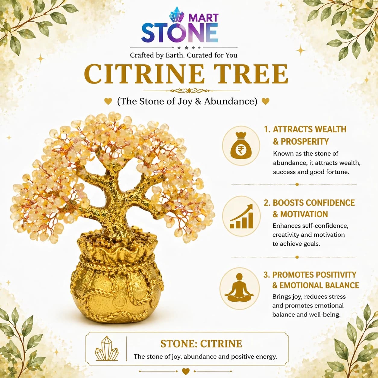 Citrine Crystal Gemstone Tree – Natural Citrine Money Tree for Wealth, Prosperity & Abundance | Feng Shui Vastu Decor