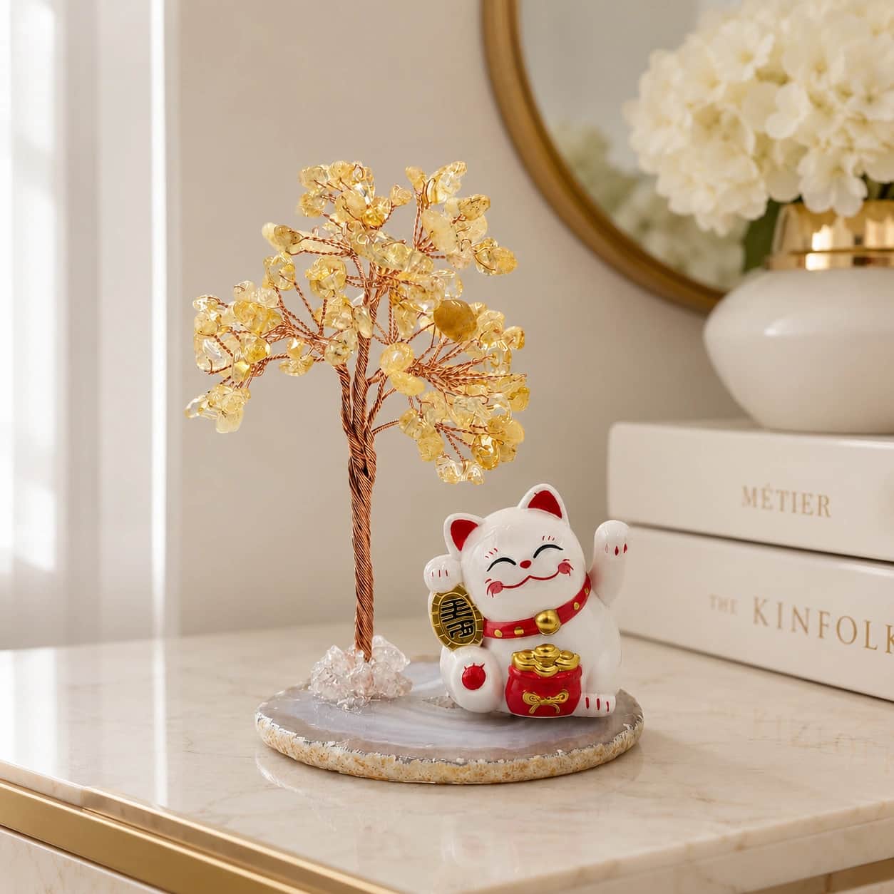 Citrine Crystal Lucky Cat Tree Decorative Table Accent 1