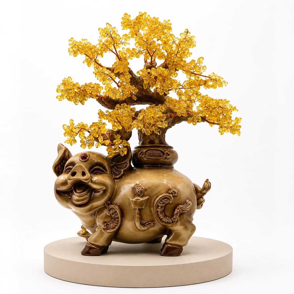 Citrine Crystal Pig Tree - Handcrafted Golden Crystal Pig Bonsai Decor Sculpture 2