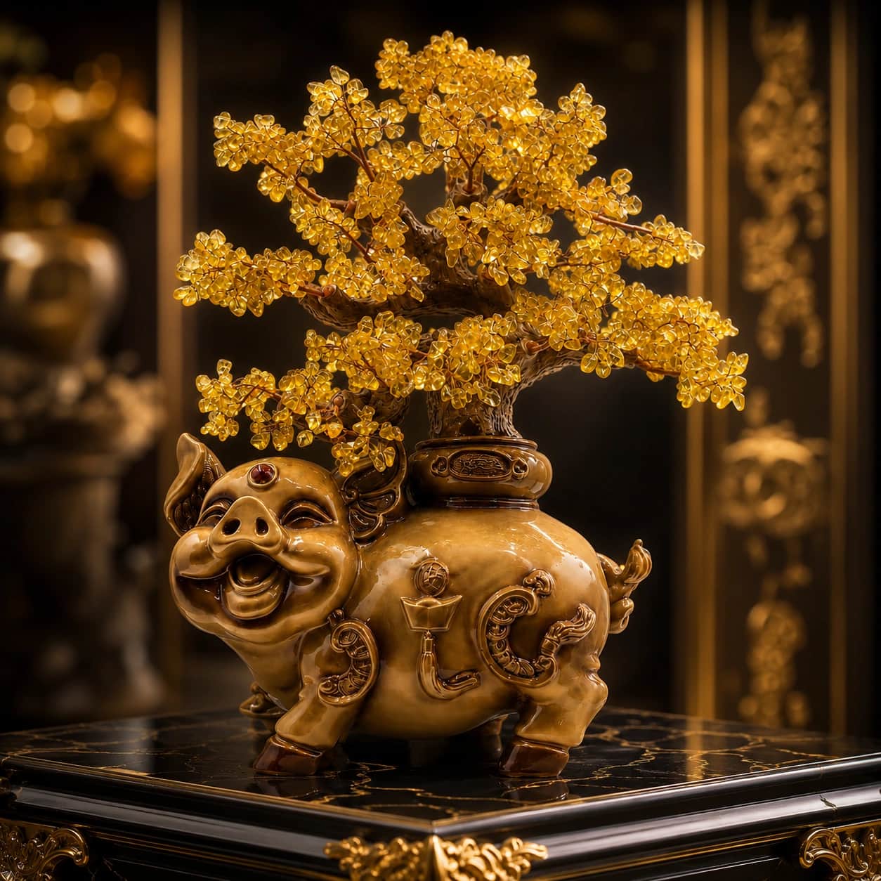 Citrine Crystal Pig Tree - Handcrafted Golden Crystal Pig Bonsai Decor Sculpture 1