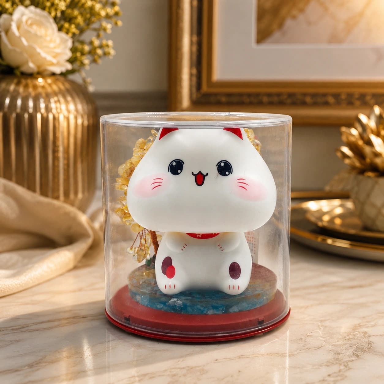 Citrine Decorative Kitty Tree Display with Crystal Tree and Protective Clear Dome