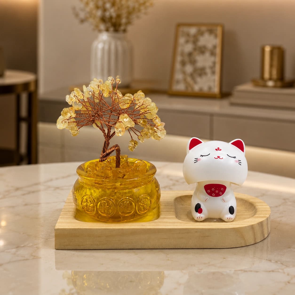 Citrine Decorative Kitty Tree Showpiece with Lucky Cat Figurine