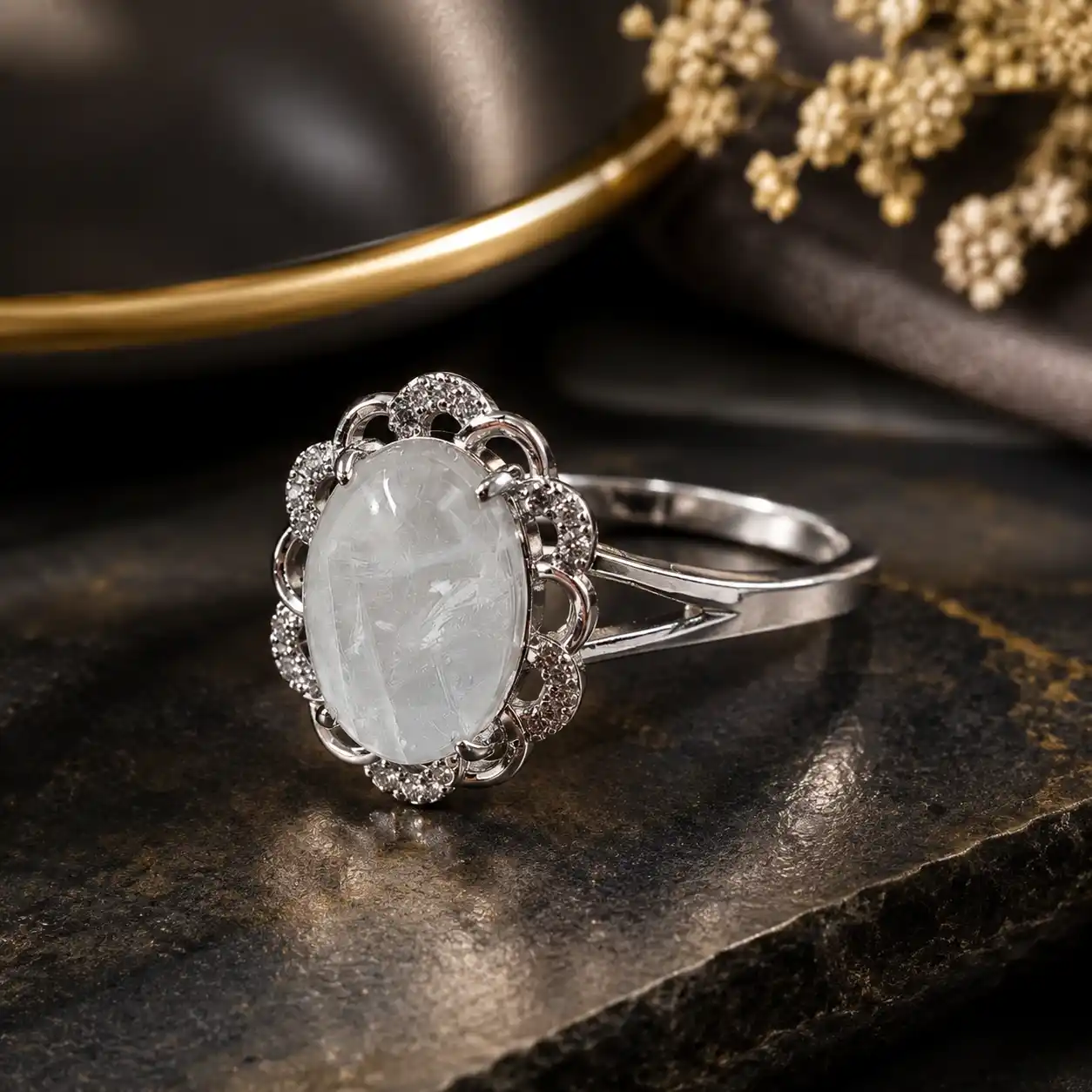Clear Quartz Adjustable Ring - Natural Oval Clear Quartz Stone with Floral Halo Design 1
