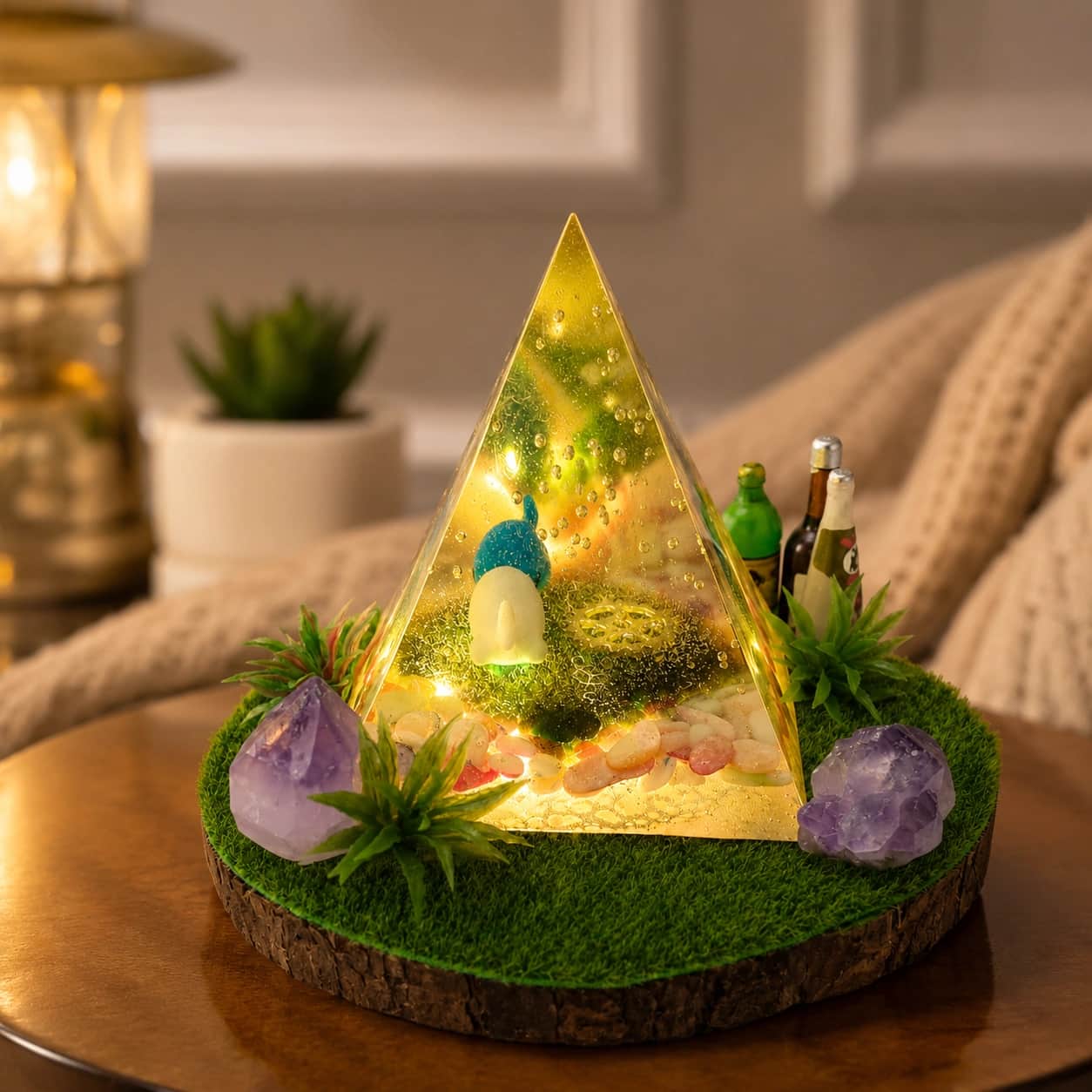 Clear Quartz & Amethyst Crystal Pyramid LED Lamp, Orgonite Resin Decorative Night Light for Home Decor, Meditation & Positive Energy (10.8 cm) 1