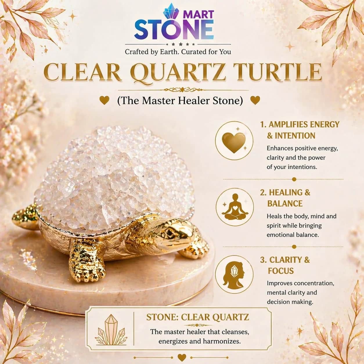 Clear Quartz Crystal LED Turtle Showpiece – Master Healer Stone | Handcrafted Golden Feng Shui Tortoise Night Lamp for Healing, Clarity & Positive Energy 1