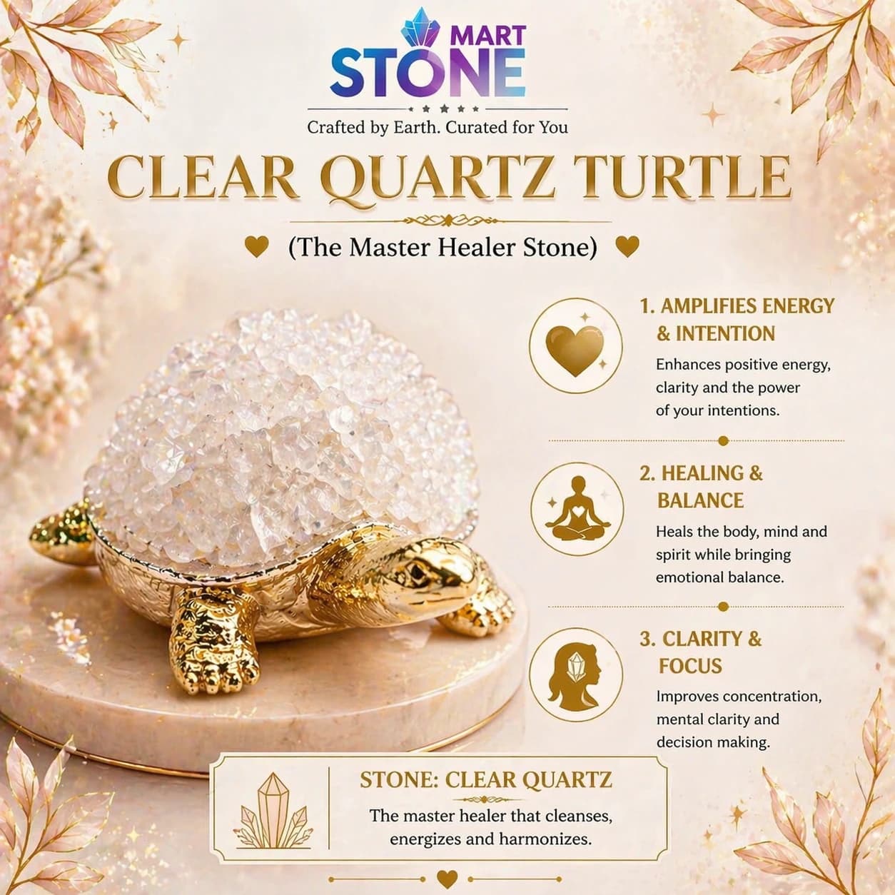 Clear Quartz Crystal LED Turtle Showpiece – Master Healer Stone | Handcrafted Golden Feng Shui Tortoise Night Lamp for Healing, Clarity & Positive Energy
