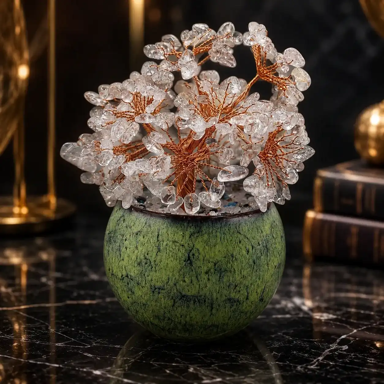 Clear Quartz Tree with Green Ceramic Pot | Handcrafted Crystal Tree Decor | Natural Clear Quartz Chips & Copper Wire Branches | Positive Energy Home Decor Gift 1