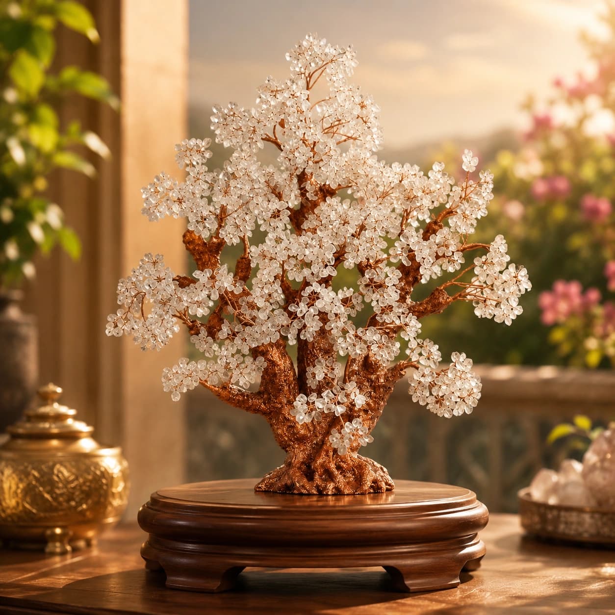 Crystal Blossom Tree - Luxury Home Décor Showpiece with Handcrafted Crystal-Style Blossoms and Sculpted Metallic Finish