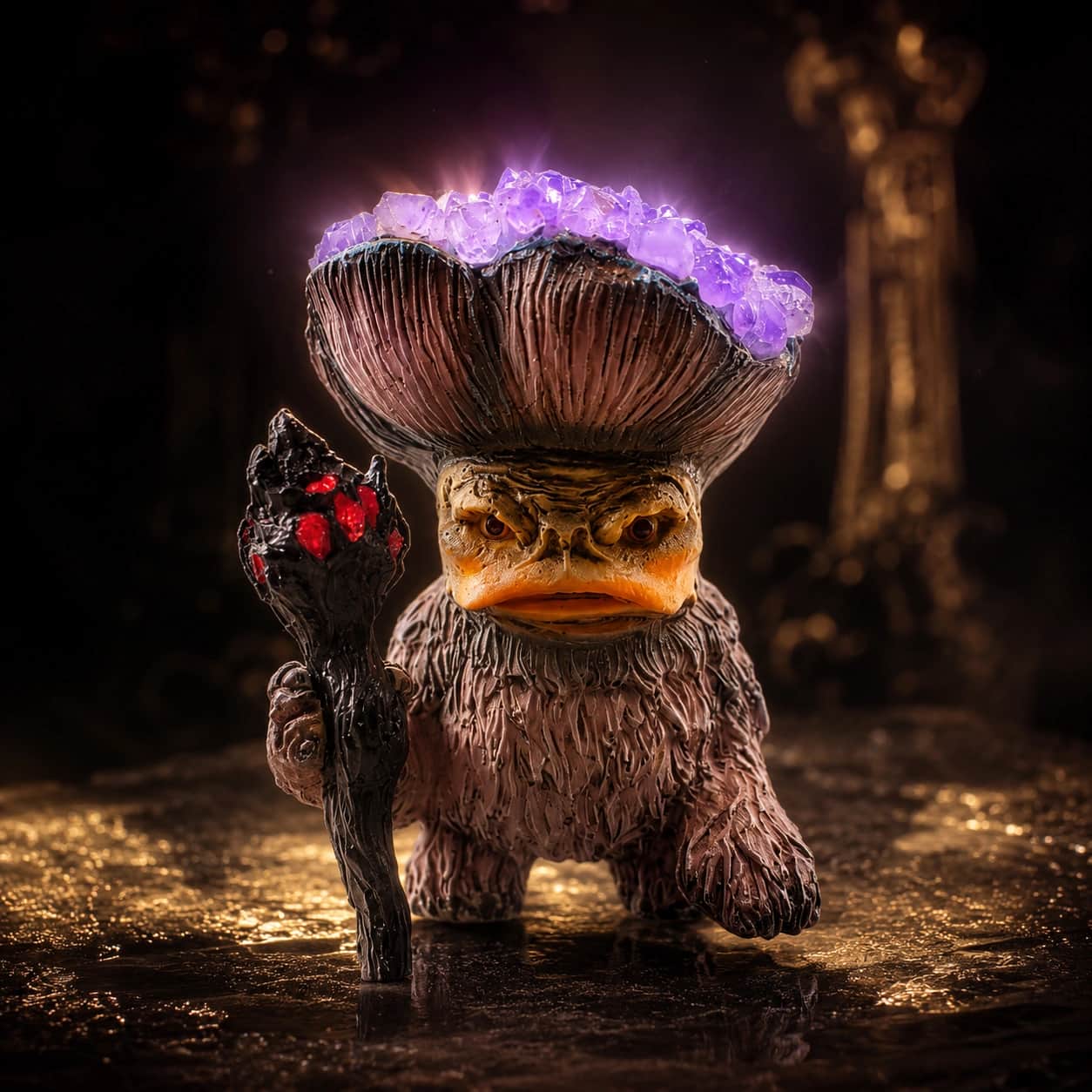 Crystal Guardian Mushroom Figurine – Handcrafted Fantasy Statue with Real Natural Crystal Topping & LED Glow Base 1