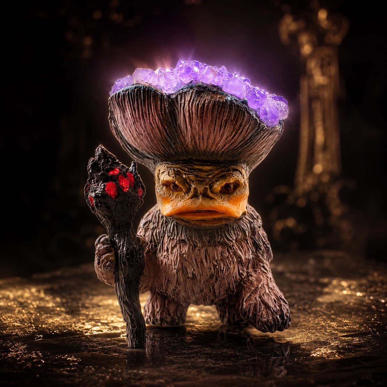 Crystal Guardian Mushroom Figurine – Handcrafted Fantasy Statue with Real Natural Crystal Topping & LED Glow Base