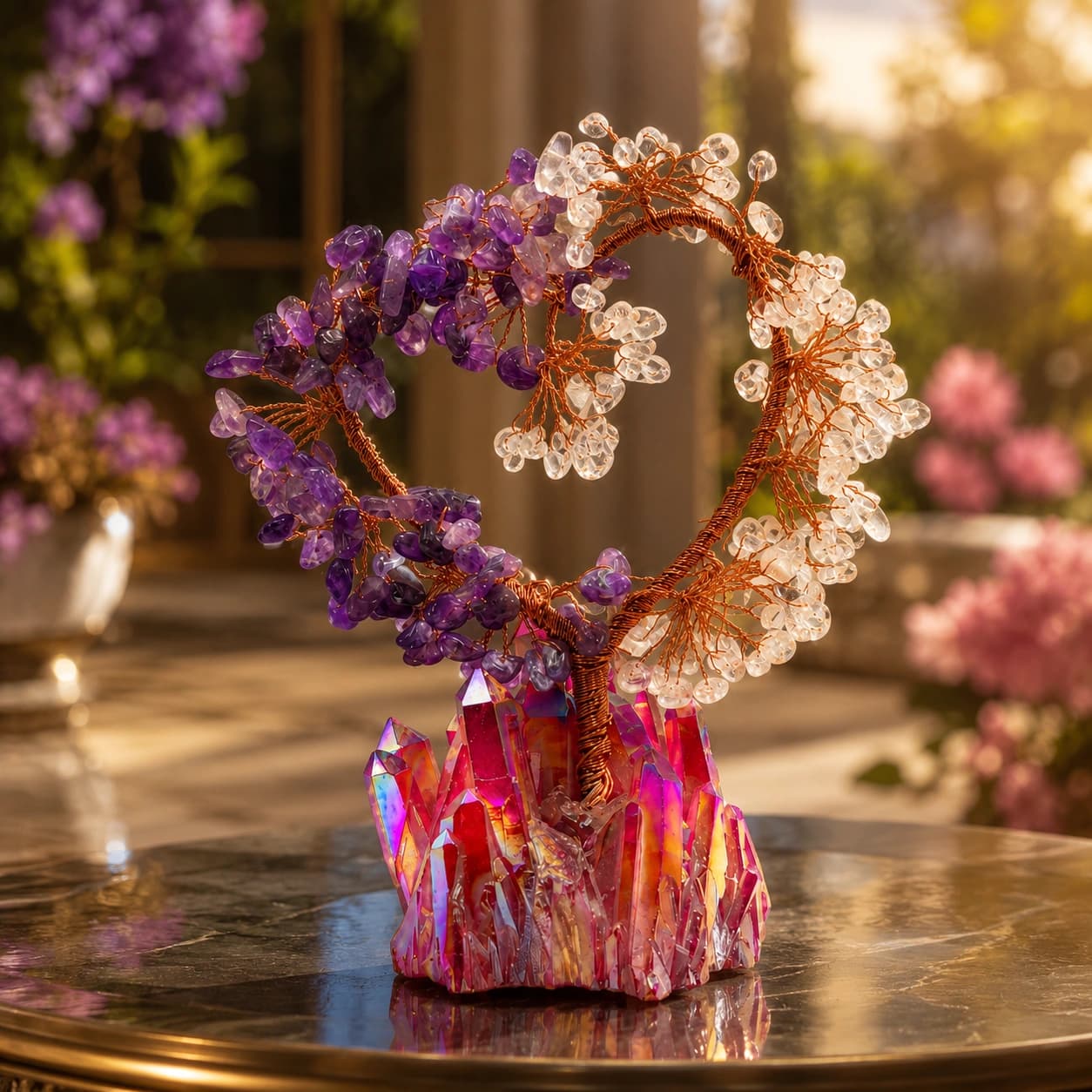 Crystal Harmony Tree with Amethyst-Tone & Clear Crystal Chips on Iridescent Crystal Base