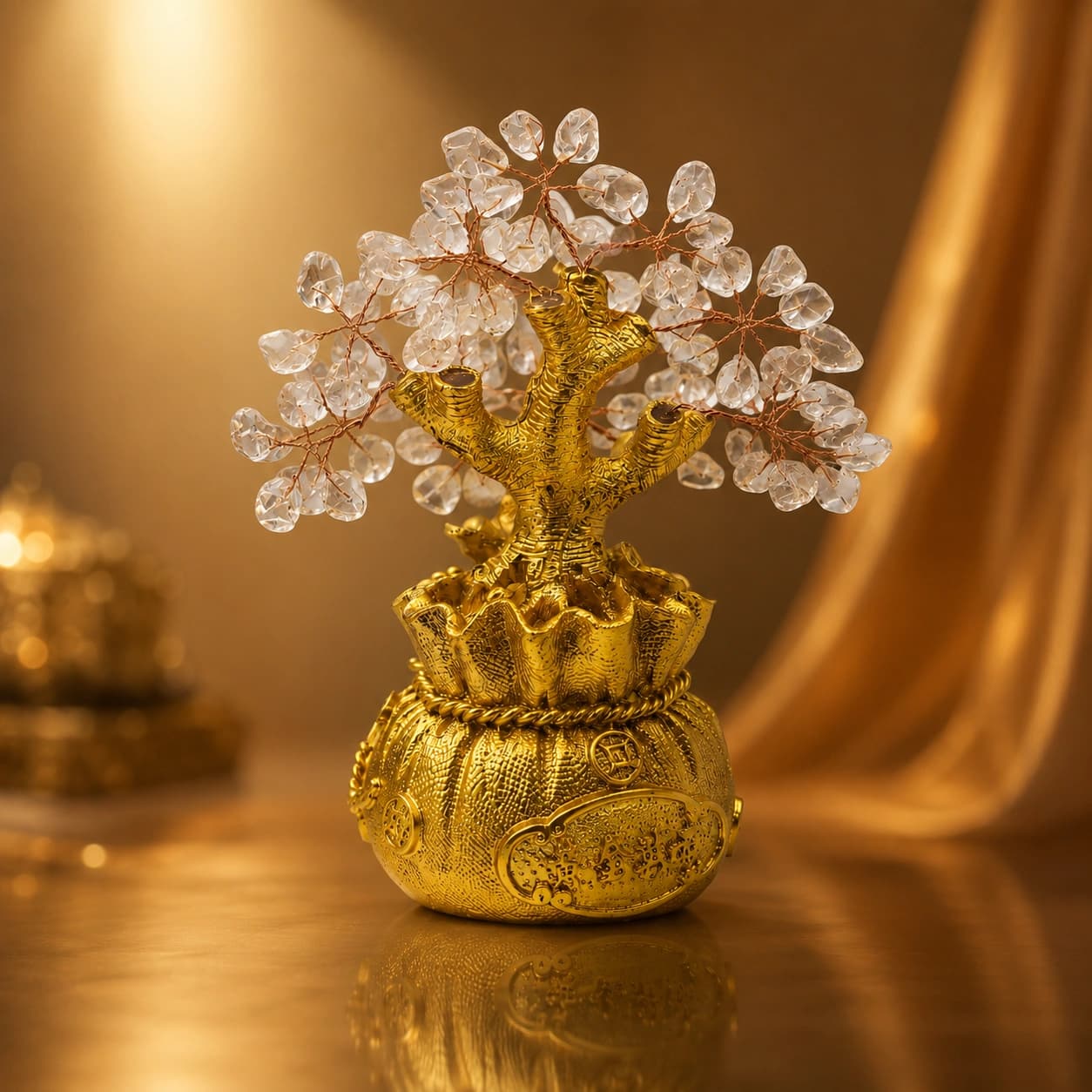 Crystal Money Tree Decor | Feng Shui Gem Stone Tree | Gold Finish Bag Base | Luxury Home Décor & Premium Gifting