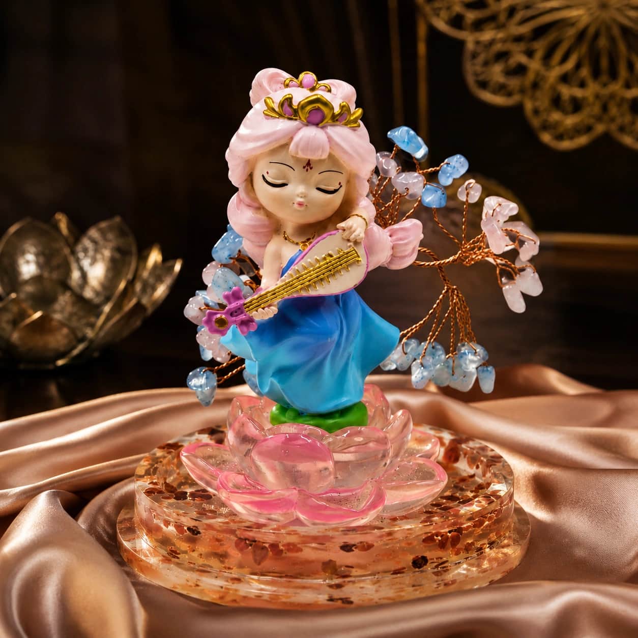 Crystal Figurine with Gemstone Branch & Lotus Base - Premium Handcrafted Home Decor Gift 1