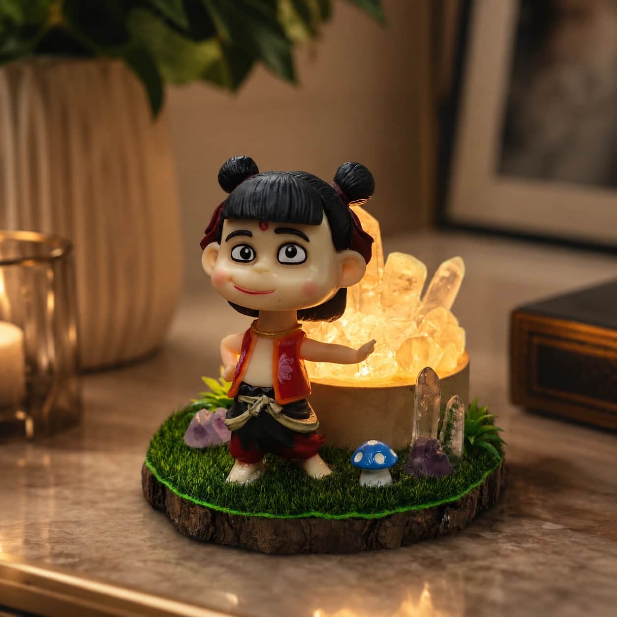 Cute Child Figurine LED Crystal Decorative Lamp with Clear Quartz and Amethyst, Warm Light Table Decor 1